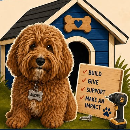 Illustration of Archie the Cavapoo sitting beside a blue Project Archie doghouse with a build checklist and drill